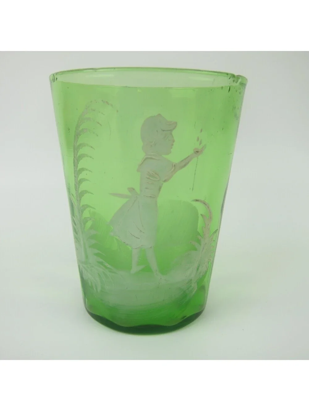 Antique Mary Gregory Green Drinking Glass Victorian Tumbler Girl Flowers 1890s